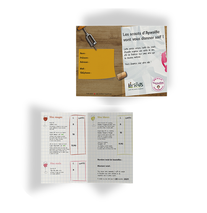 Dépliant contenant la carte des vins des scouts d'Aywaille